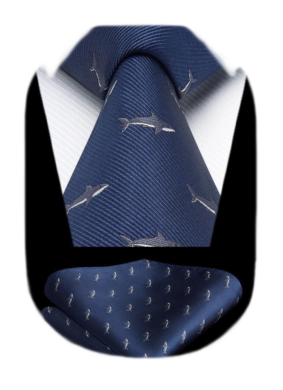 9998 Blue Ties Shark Print Tie and Pocket Square Designer Animal Neckties